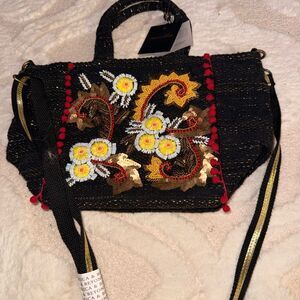 America and Beyond Chic Black Embroidered Crossbody Bag